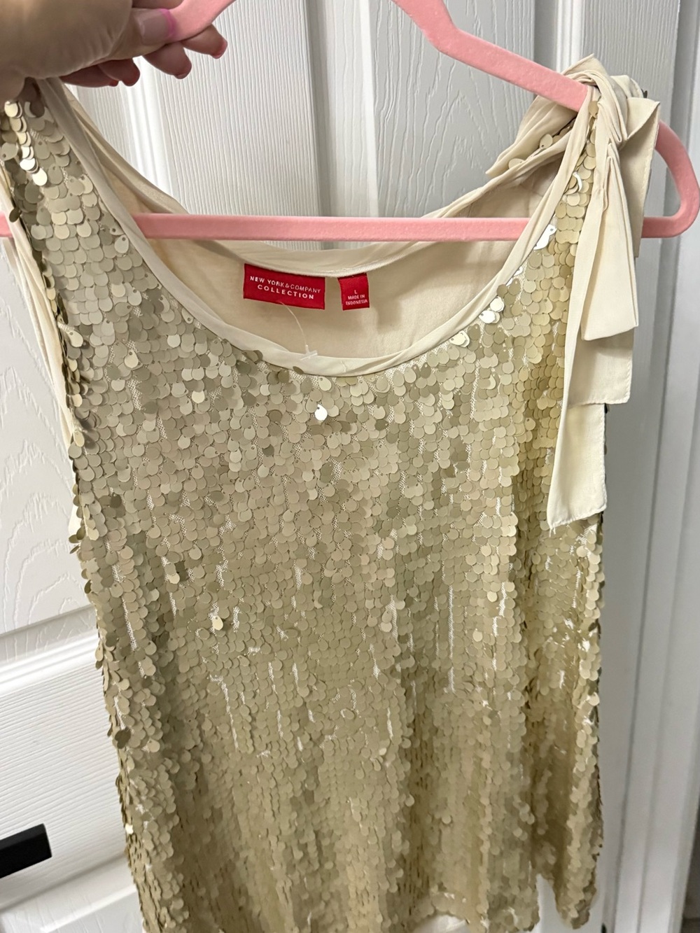 New York & Company Champagne Sequin Tank with Tie Shoulder